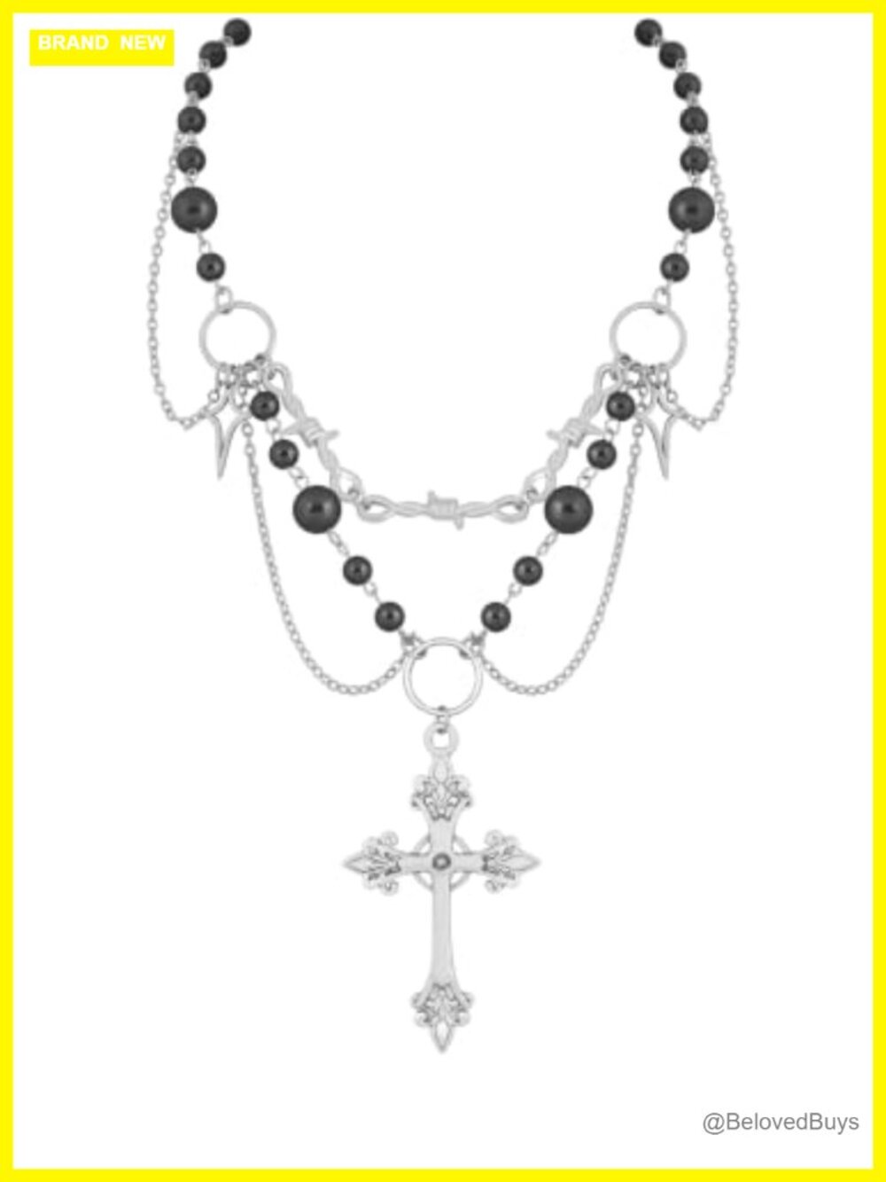 Stainless Steel Black Beaded Cross Choker Necklace with Extender